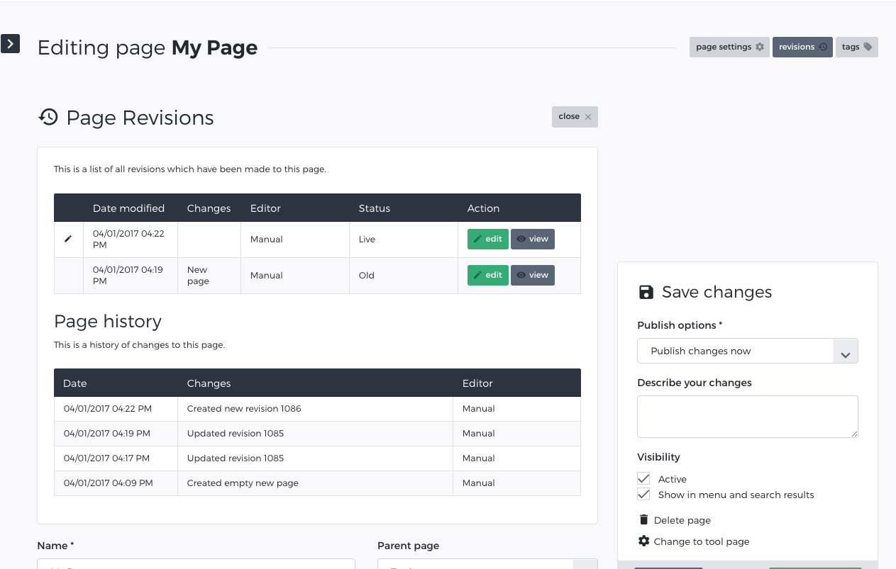 Editing page - revisions - SproutCMS