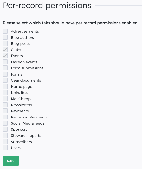 Per record permissions - list of modules